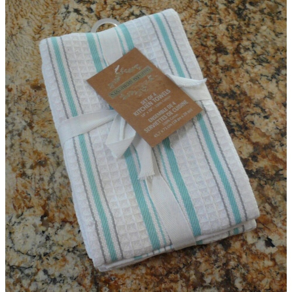 Madison Studio Set 4 Kitchen Towels 18" x 28" 100% Cotton White Green Gray